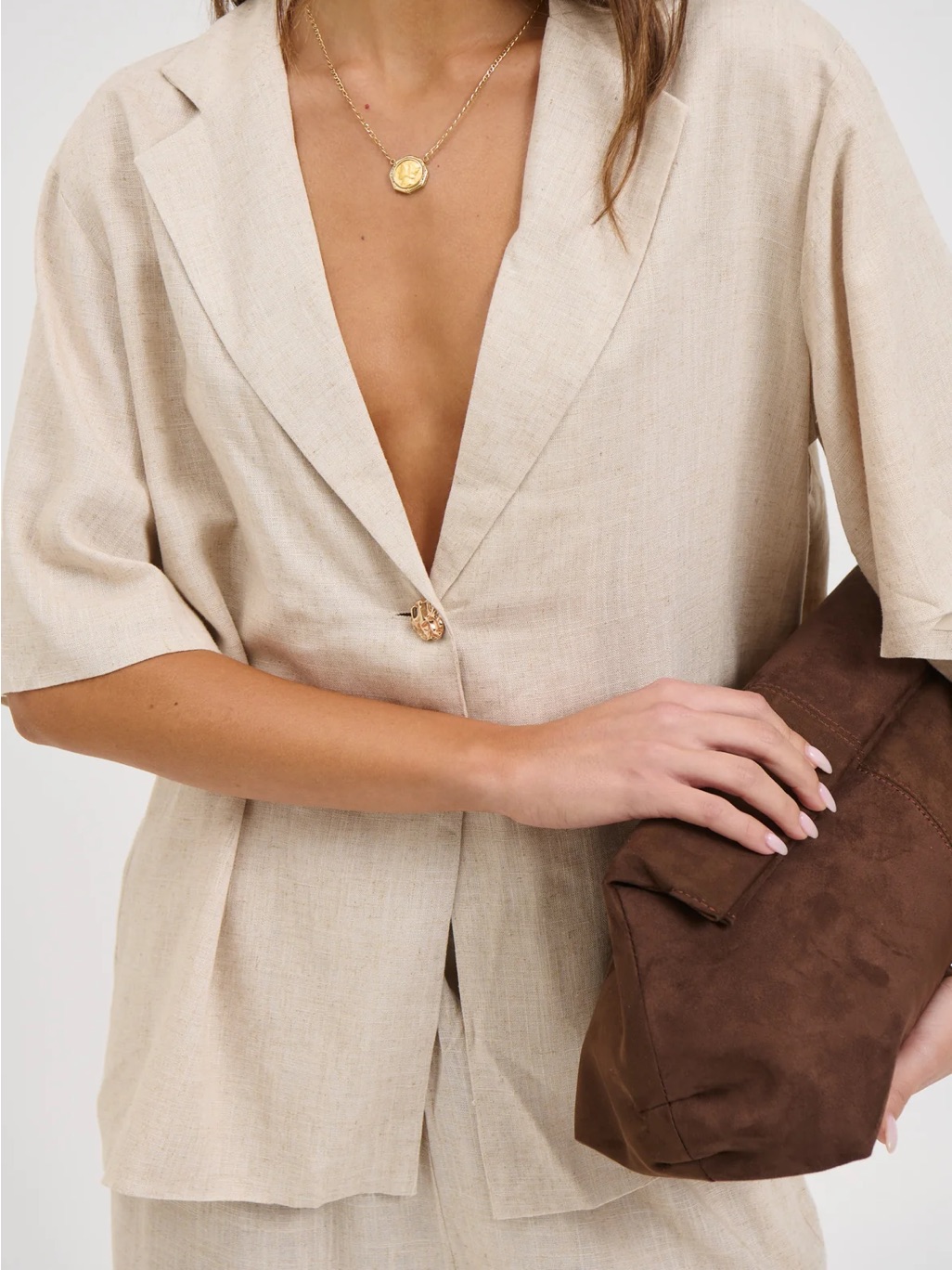 Relaxed Tan/Cream Wide-Leg Pantsuit Set — image 5 of 6